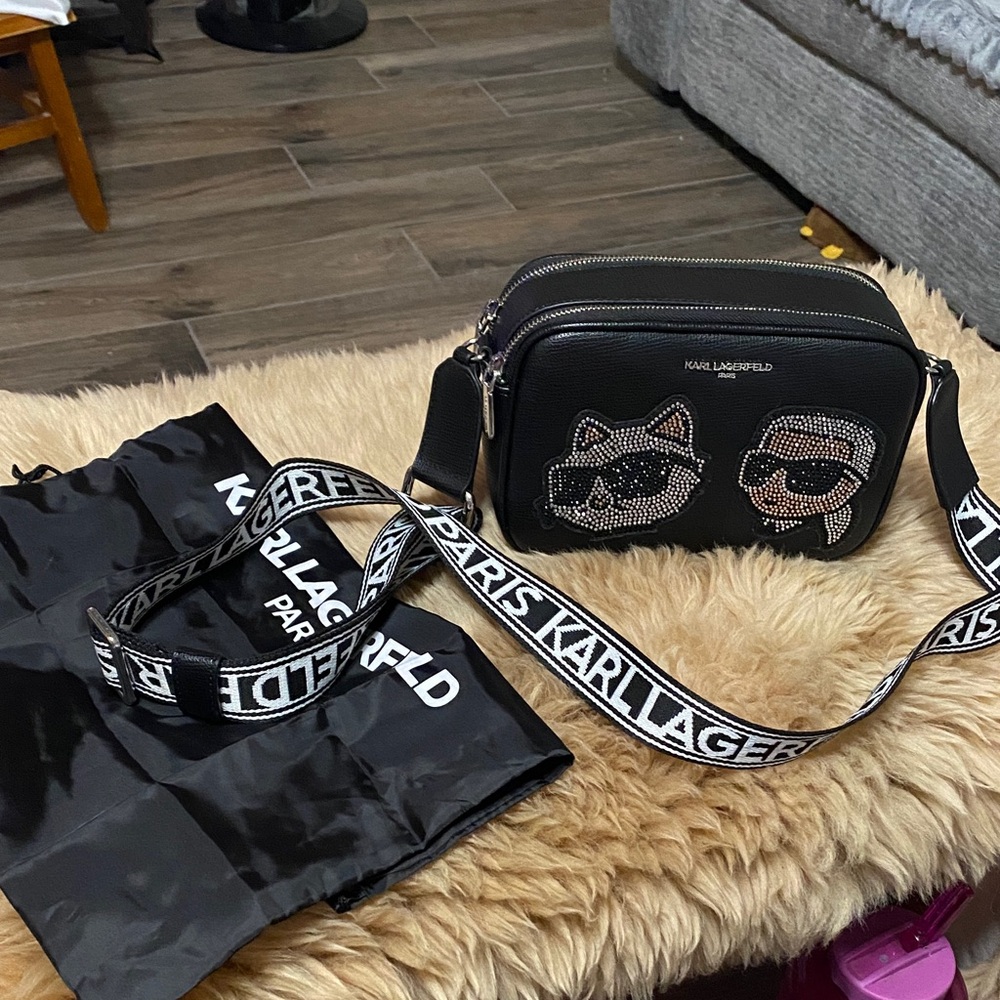 Karl Lagerfeld Paris Black Crossbody Bag Karl & Choupette Crystal embellishment